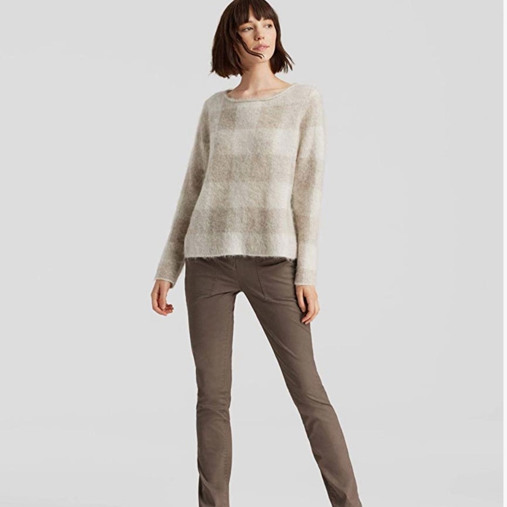 Eileen Fisher Brushed Mohair Alpaca Plaid Bateau Neck Top L XL